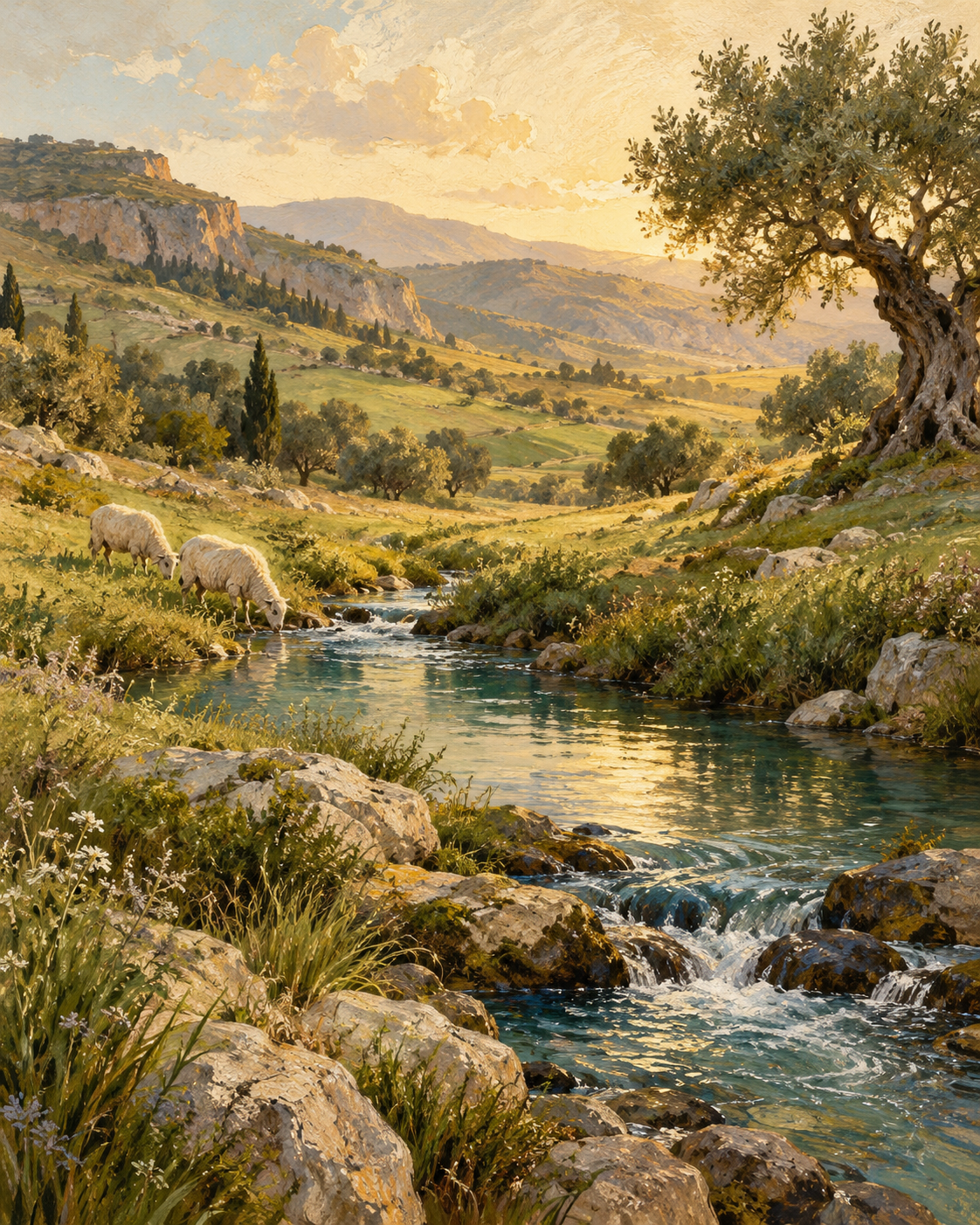 A gentle stream through a painterly green pasture with sheep.